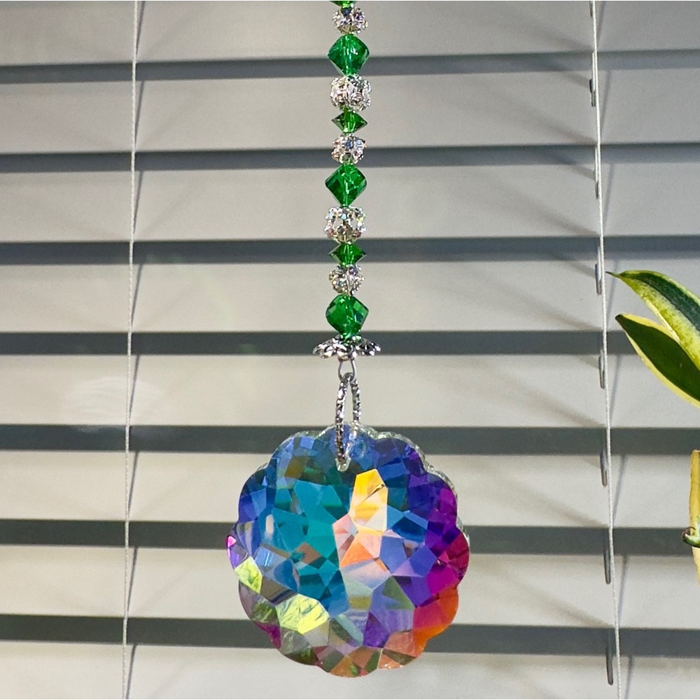 Crystal Suncatcher with Green Beads
